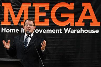 Mayor John Banks, Mayoral candidate for Auckland Mega....Super City, speaking at opening of Mt Wellington Mitre 10 Mega